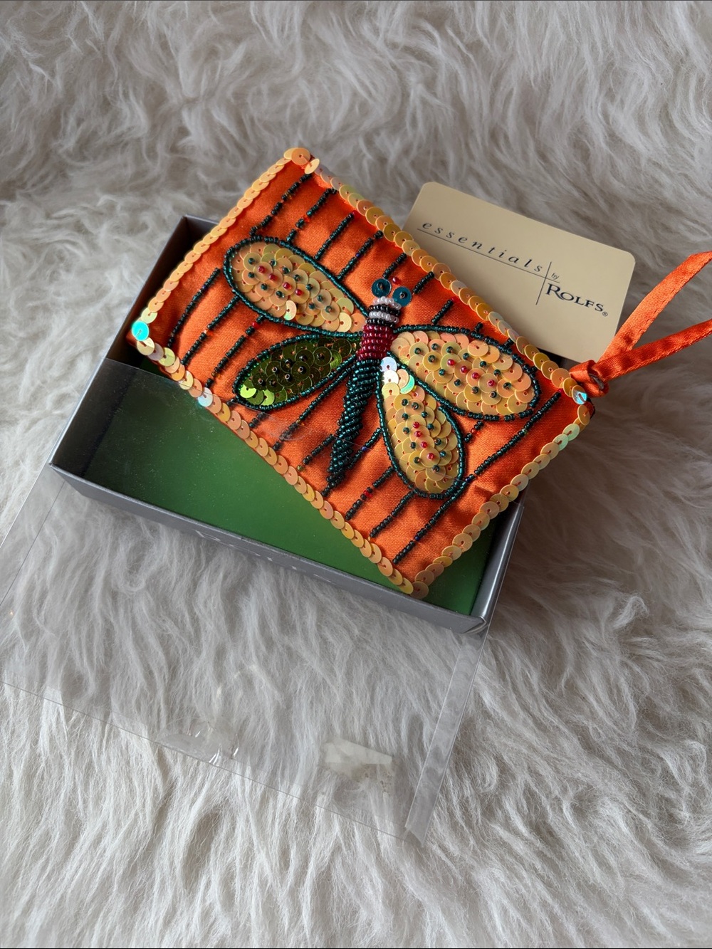 Vintage Deadstock Rolfs Orange Sequin Dragonfly Zip Up Change Purse Bag Wallet